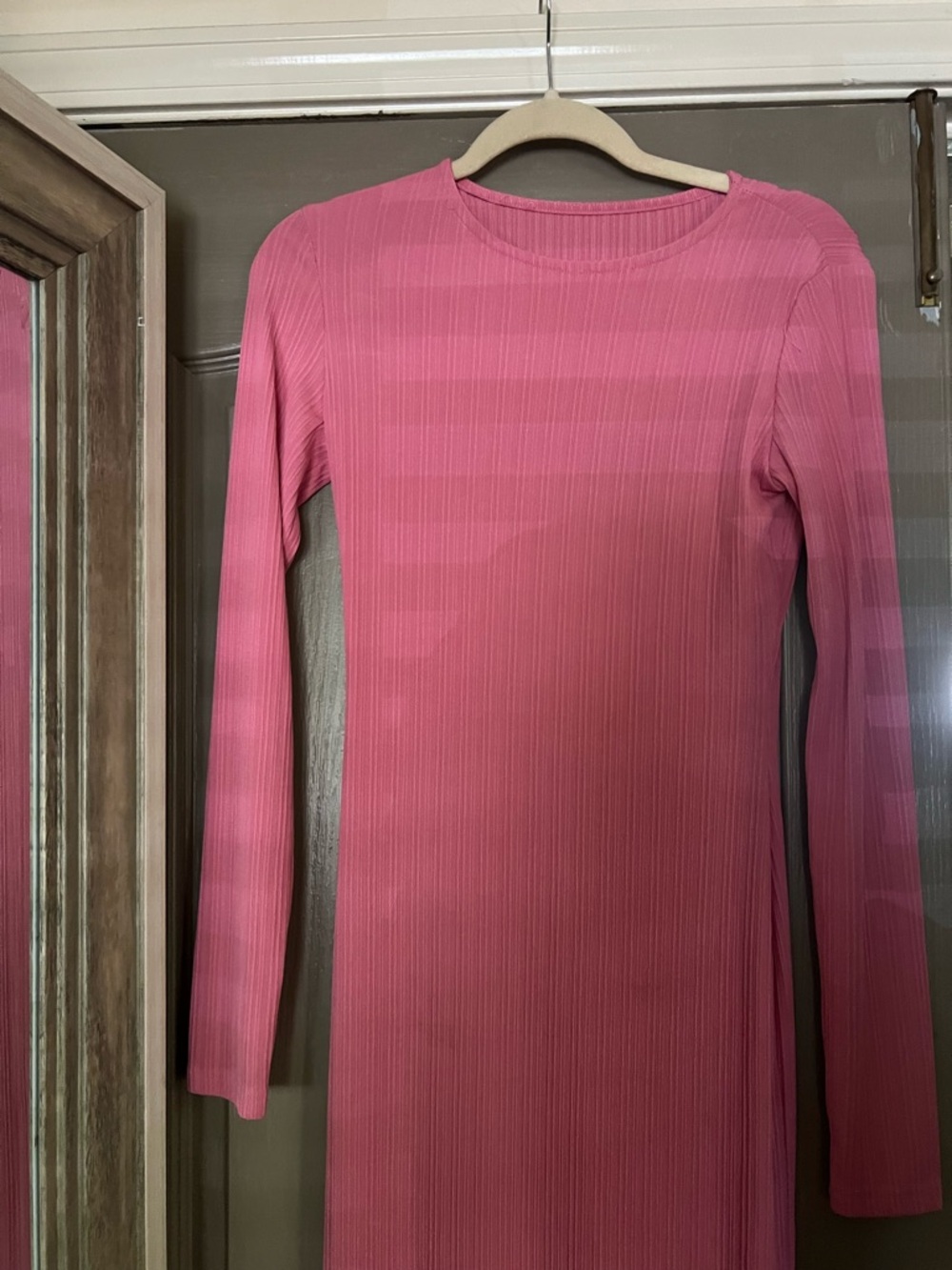 Pink Maxi Long Sleeve Ribbed Women's Dress